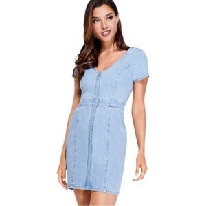 GUESS Galilea Short-Sleeve medium wash stretch Denim Zip-Up Body-con fun Dress